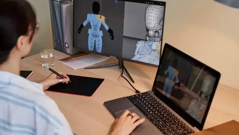 3D modeler creates 3D character model on computer for game