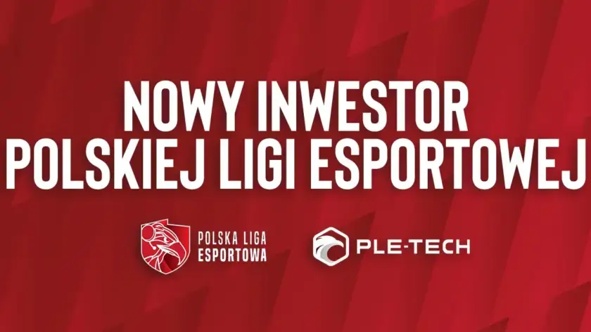 Red banner with the inscription in Polish: "New Investor of the Polish Esport League" underneath the logos of the Polish Esport League S.A. and PLE TECH Sp z. o.o.