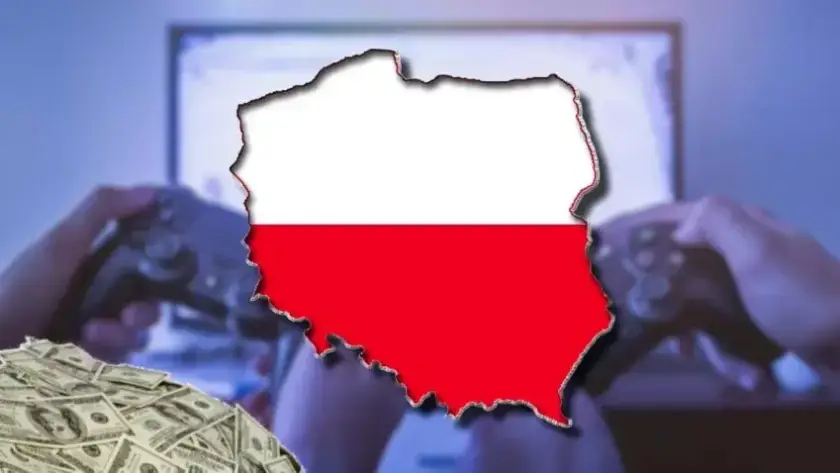Image with a map of Poland in the colors of the flag in the background two pads and a game monitor in the lower left corner dollars