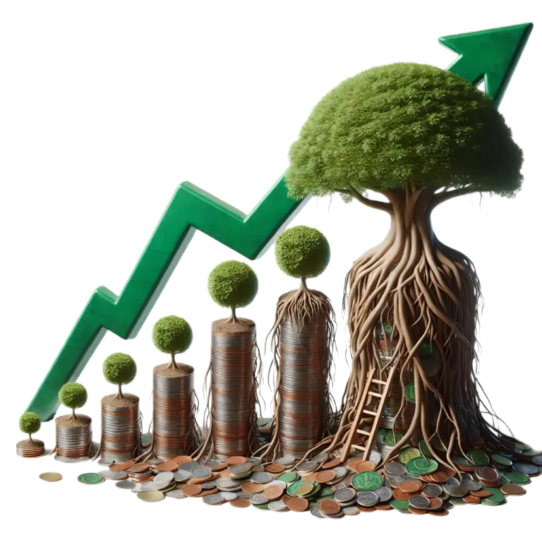 This image creatively visualizes the concept of financial growth and investment. It features a green growth chart that ascends from left to right, symbolizing the increase in financial value. Underneath the chart are stacks of coins, arranged in ascending order, representing capital accumulation. On each stack of coins grows a small tree with green leaves, their size increasing with the stack, suggesting the maturation of investments. On the right side of the image stands a large tree with lush greenery and an intricate root system, standing on the largest stack of coins, symbolizing full financial growth. Beside the large tree is a wooden ladder leaning against its trunk, perhaps as a metaphor for further growth or the achievement of financial goals.